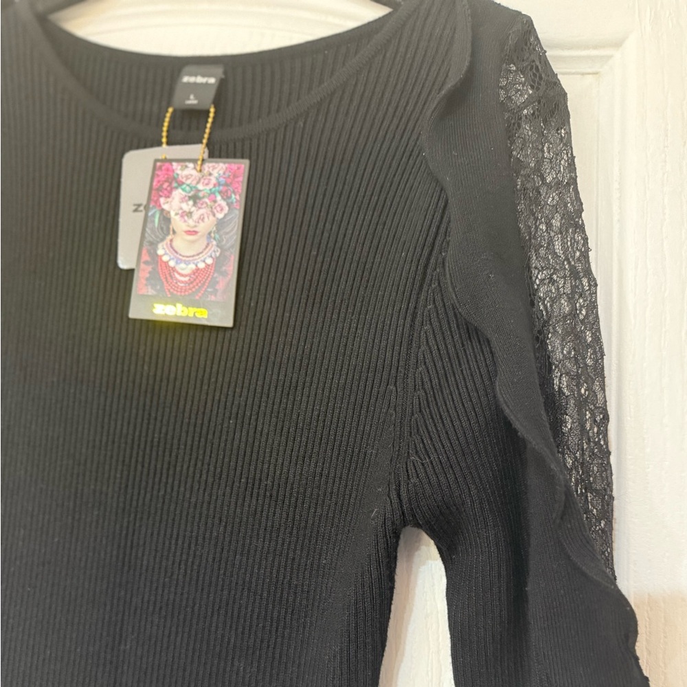 Black Ribbed Top with Lace Sleeve Detail